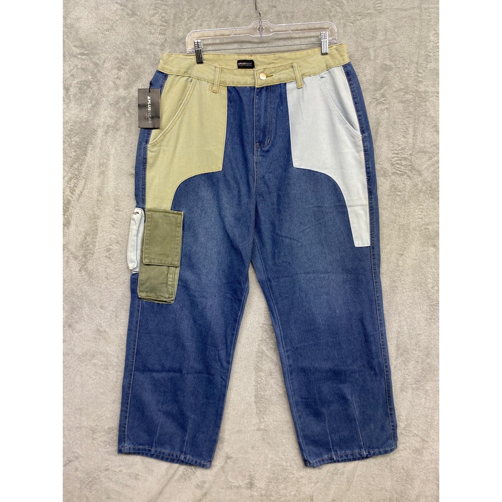 Xpluswear Eclectic Baggy Cargo Jeans Colorblock High-Rise Womens XL NWT (34x28)